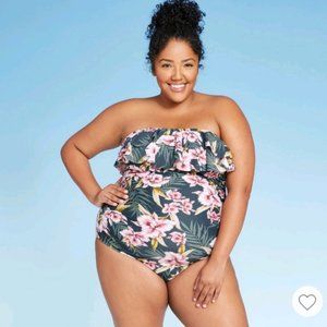 Kona Sol Swimwear Green Bandeau Style One-Piece Tropical Floral Print Womens 26W